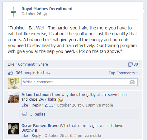 Fitness Tip post on British Royal Marines Facebook recruiting page