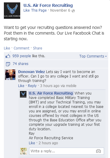 Example of how US Air Force is driving engagement on Facebook